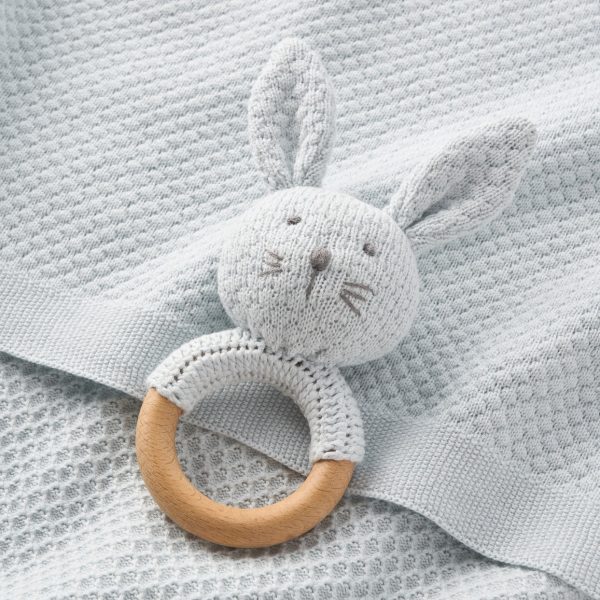 Pale Blue Textured Knit Blanket + Bunny Ring Rattle Gift Set Fashion - Image 2
