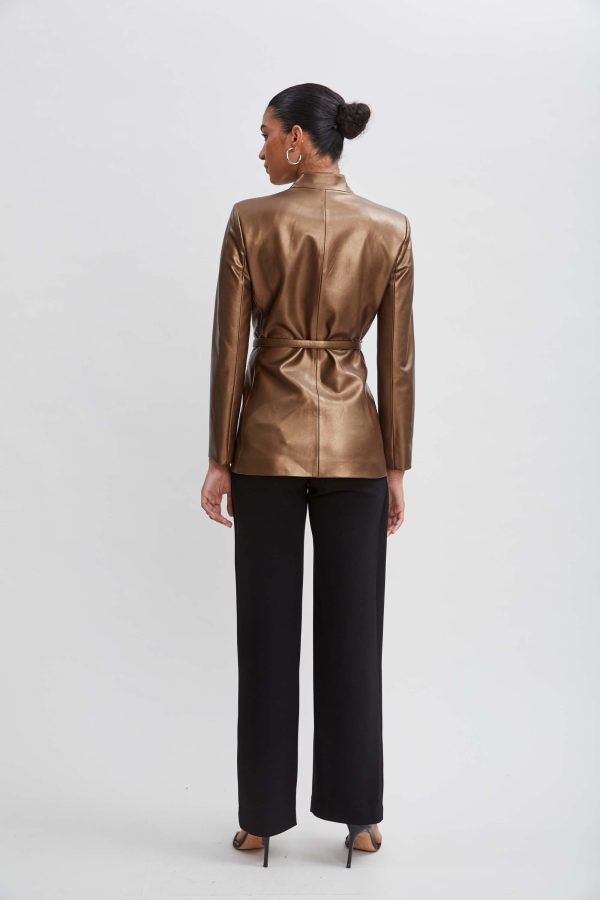 Metallic Vegan Leather Belted Blazer For Cheap - Image 5