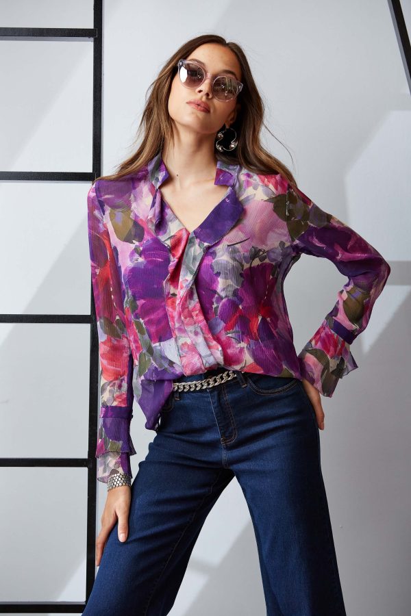 Silk Chiffon Tossed Floral Ruffle Shirt on Sale - Image 2