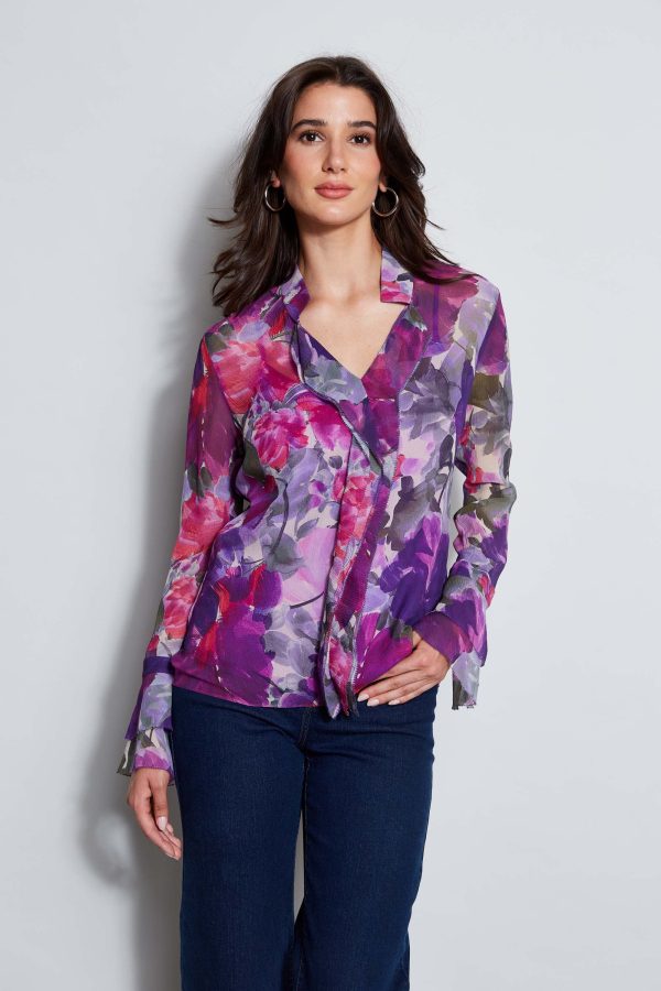 Silk Chiffon Tossed Floral Ruffle Shirt on Sale